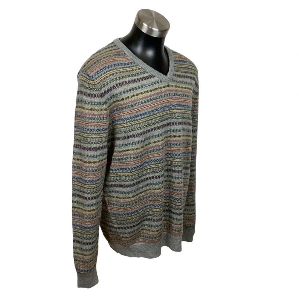 Lands End Nordic Fair Isle Merino Wool V Neck Sweater